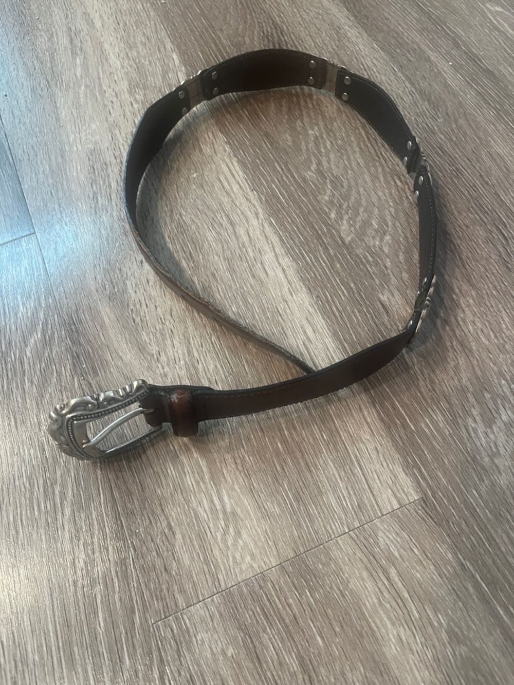 Vintage Fossil Brown Leather Belt with Ornate Silver Buckle and accents